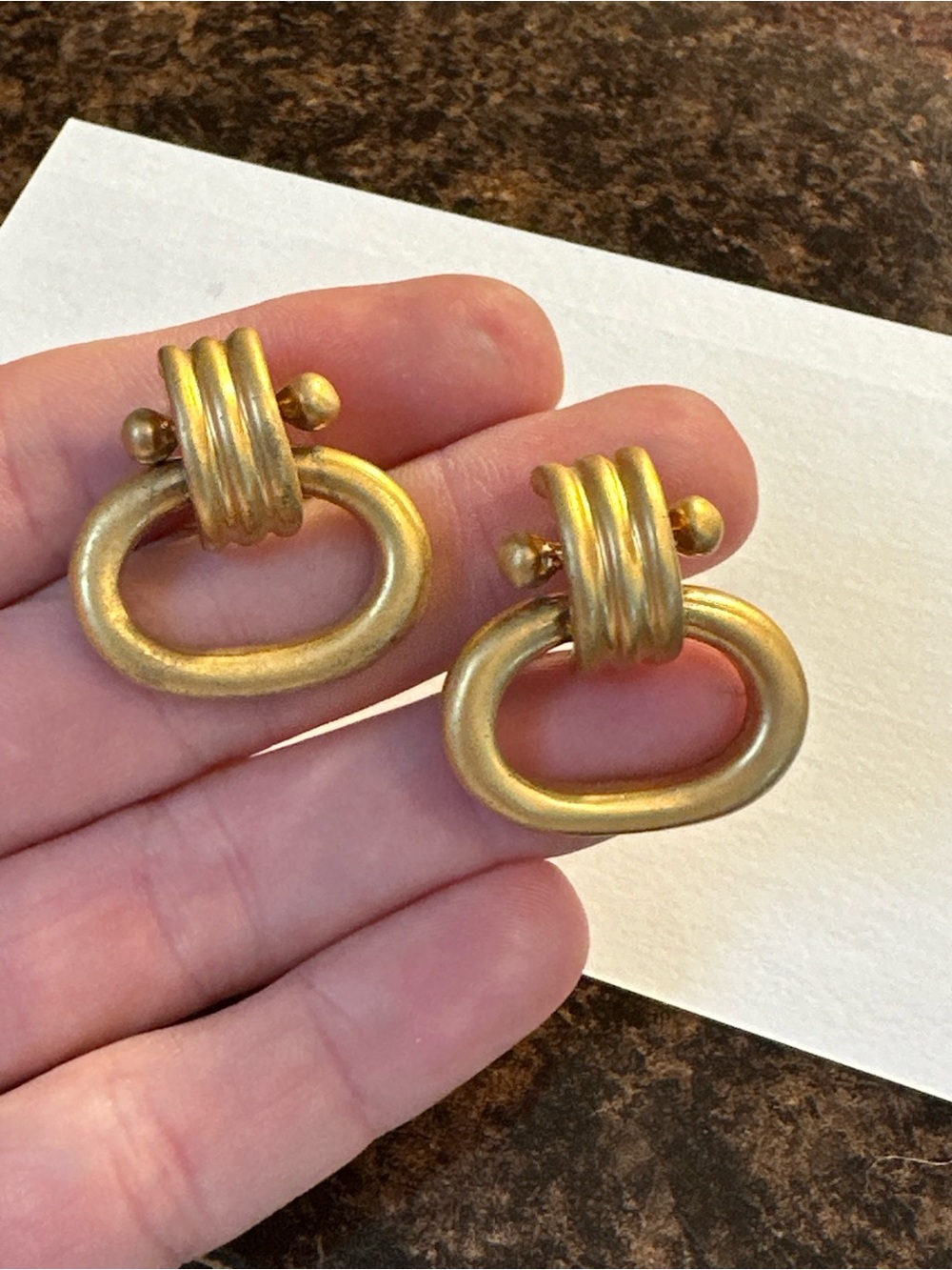 Vintage Gold Tone Door Knocker Clip-On Earrings Matte Finish Statement Jewelry